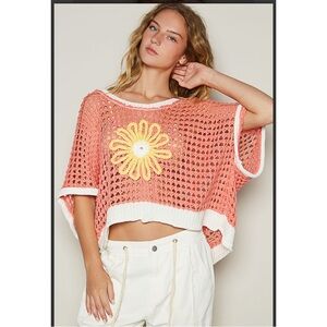 Coral Open Knit Crochet Top with Floral Design